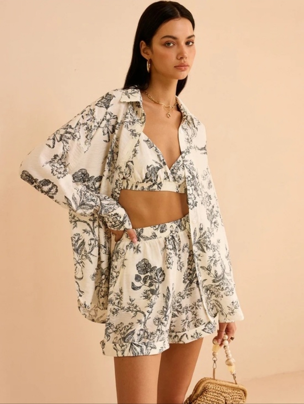 NWT Commense Floral Print Three Piece Shirt, Bra & Shorts Set Size Small